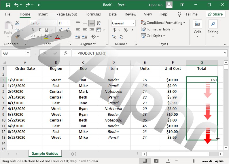 So kopieren Sie eine Formel in Excel nach unten