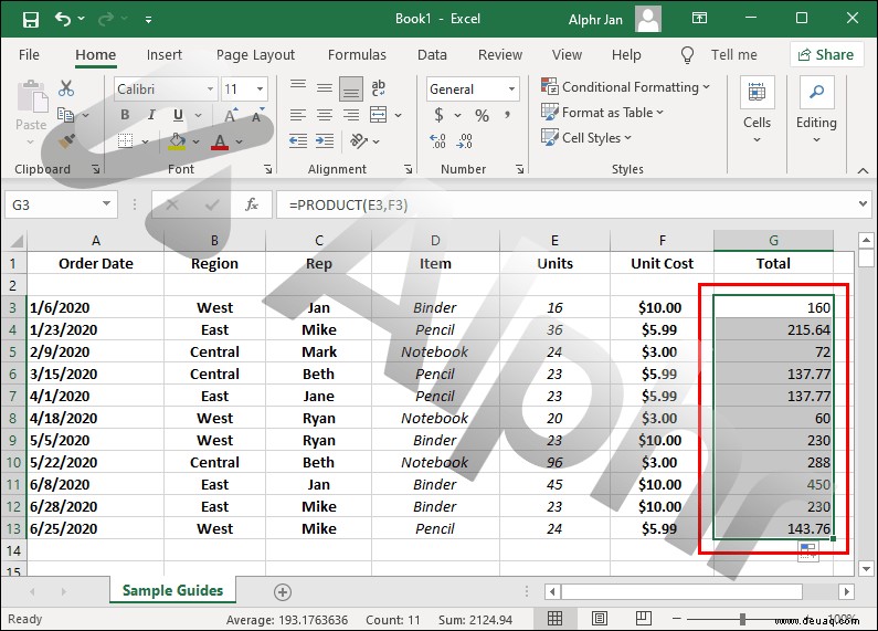 So kopieren Sie eine Formel in Excel nach unten