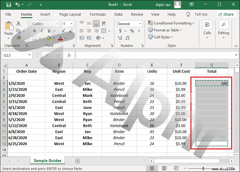 So kopieren Sie eine Formel in Excel nach unten