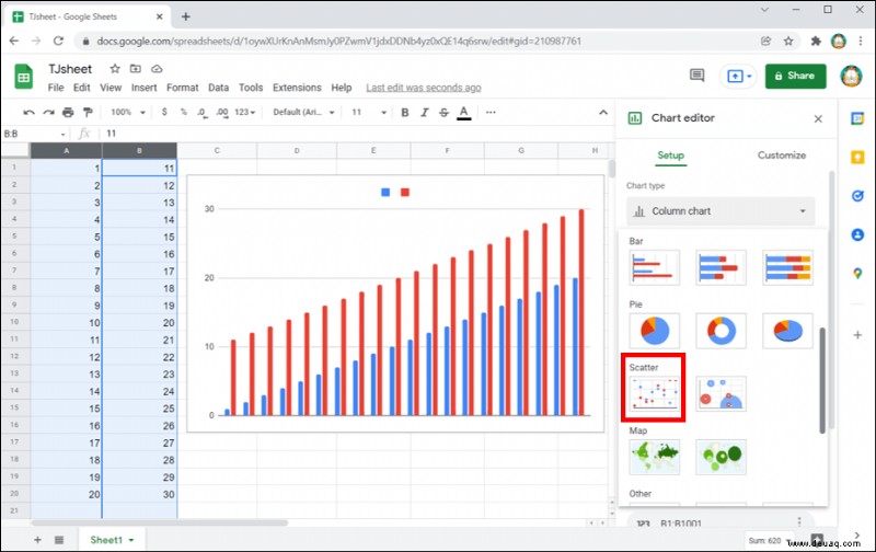 So erstellen Sie ein Streudiagramm in Google Tabellen