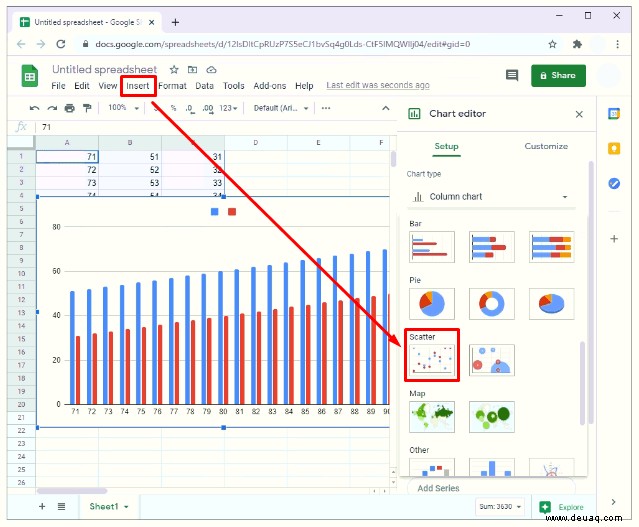 So erstellen Sie ein Streudiagramm in Google Tabellen