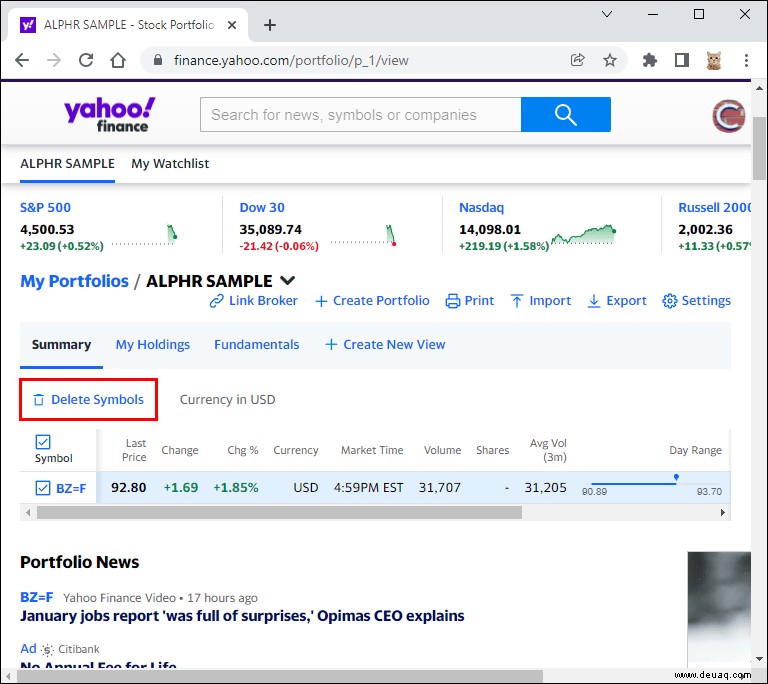 So löschen Sie eine Aktie in Yahoo Finanzen