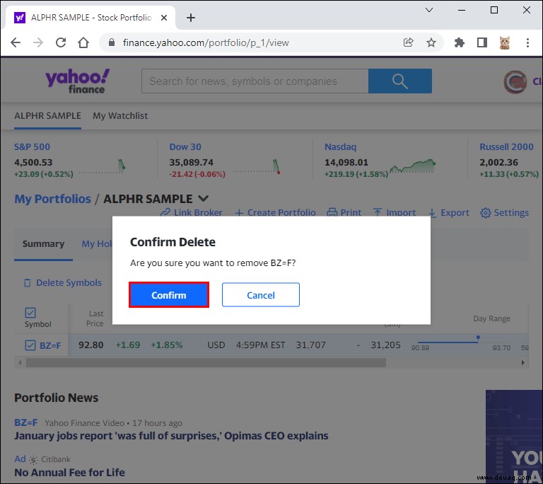 So löschen Sie eine Aktie in Yahoo Finanzen