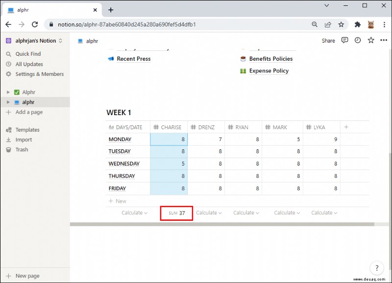 So summieren Sie eine Spalte in Notion