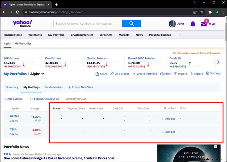 So fügen Sie Anteile in Yahoo Finanzen hinzu