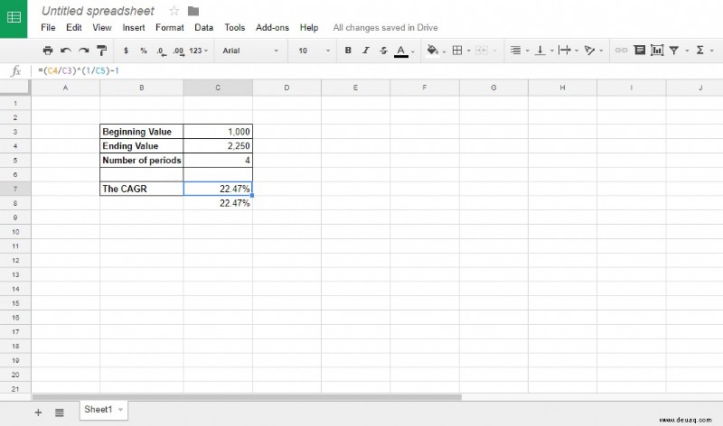 So fügen Sie die CAGR-Formel zu Google Sheets-Tabellen hinzu