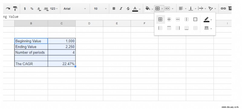 So fügen Sie die CAGR-Formel zu Google Sheets-Tabellen hinzu