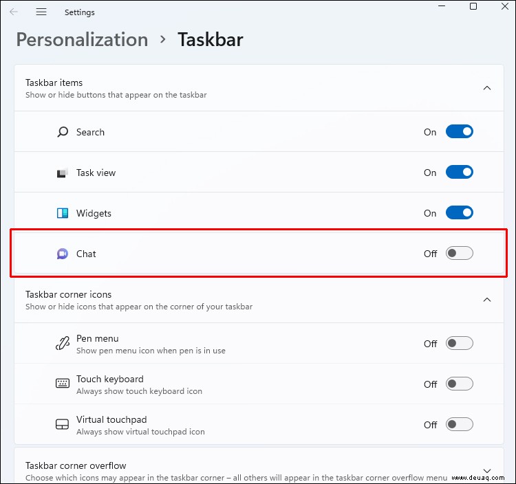 Entfernen des Chats aus der Taskleiste in Windows 11