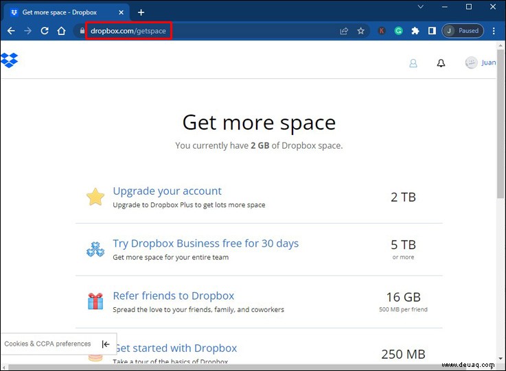 So zeigen Sie an, wie viel freier Speicherplatz in DropBox verfügbar ist